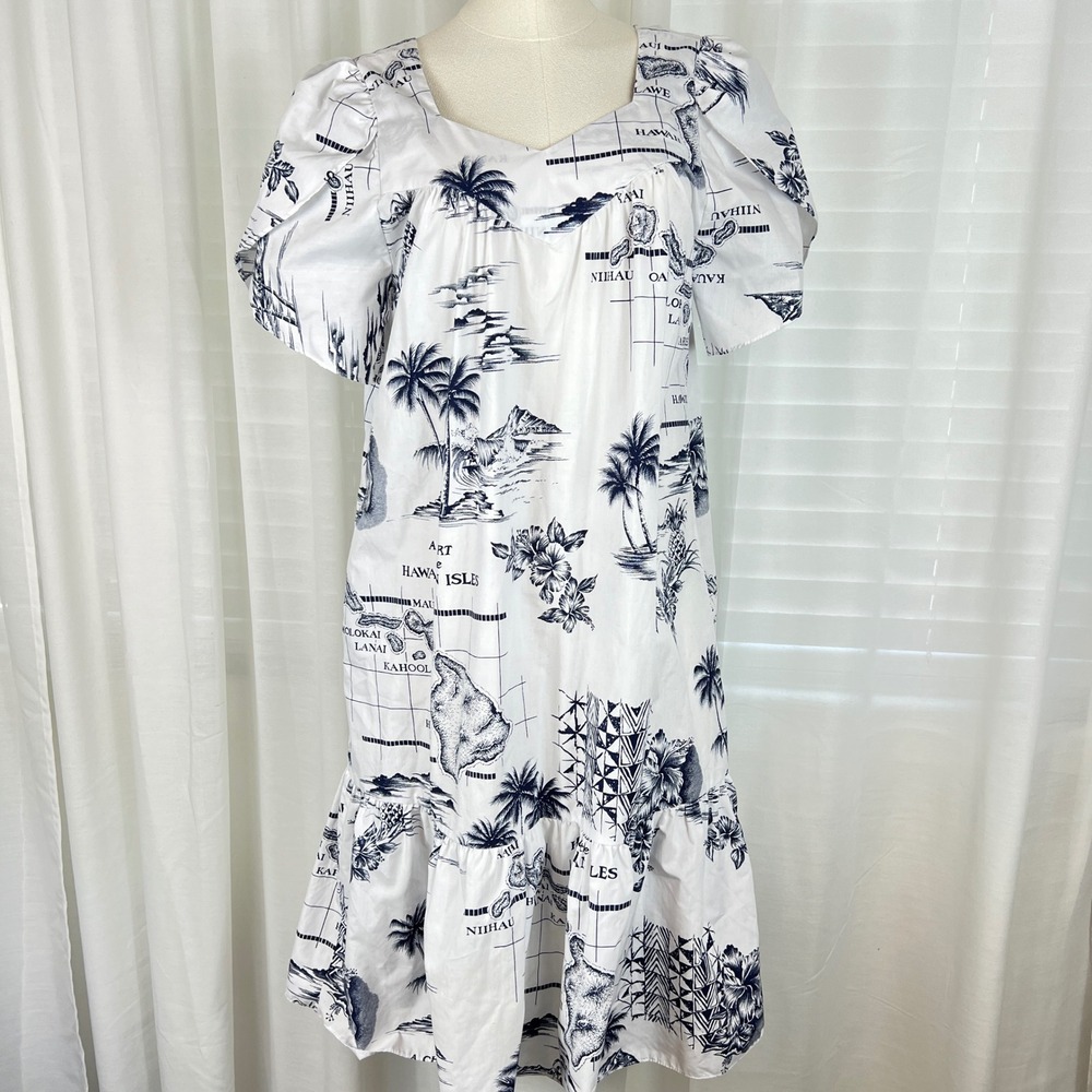 Vintage Made in Hawaii Hawaiian Map Print Muumuu Dress White Blue Medium